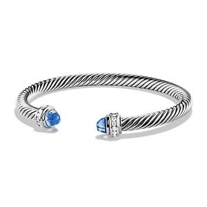 DAVID YURMAN Sterling Silver Blue Topaz Diamond 5mm Cable Cuff Bracelet